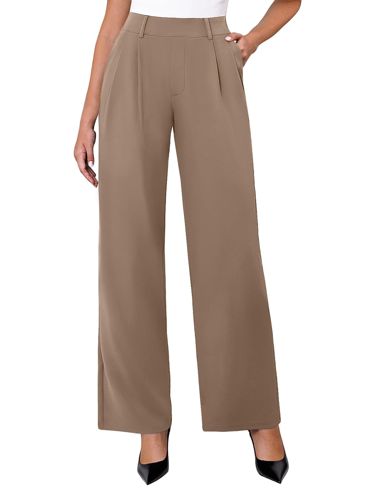 DLOODA Womens Wide Leg Dress Pants Stretchy High Waisted Work Pants Business Casual Office Trousers with Pockets Light Coffee XL