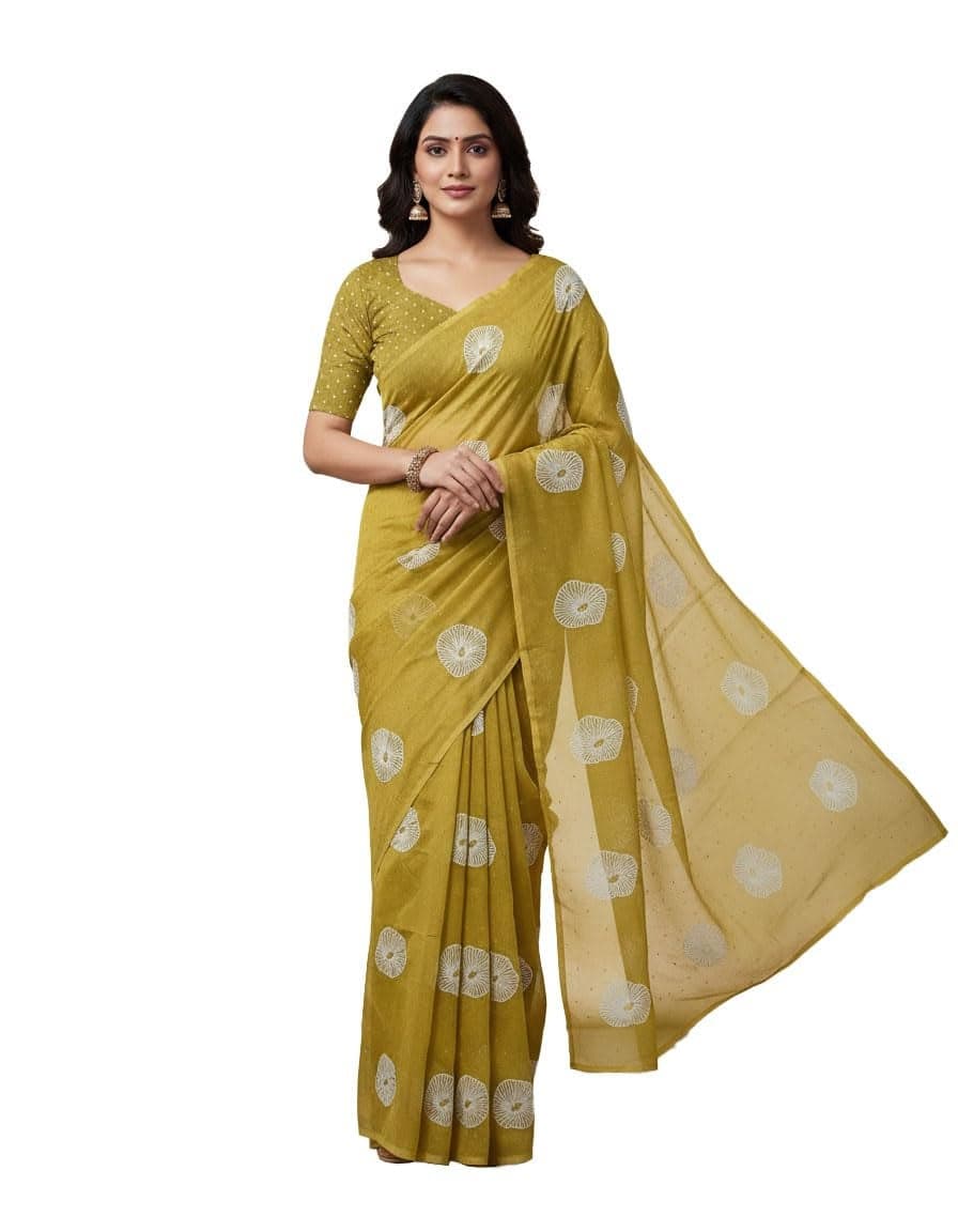 TADKEE Women's Chiffon Floral Printed Saree With Unstitched Blouse Piece (FN-Saree-Flower-145-Yellow)
