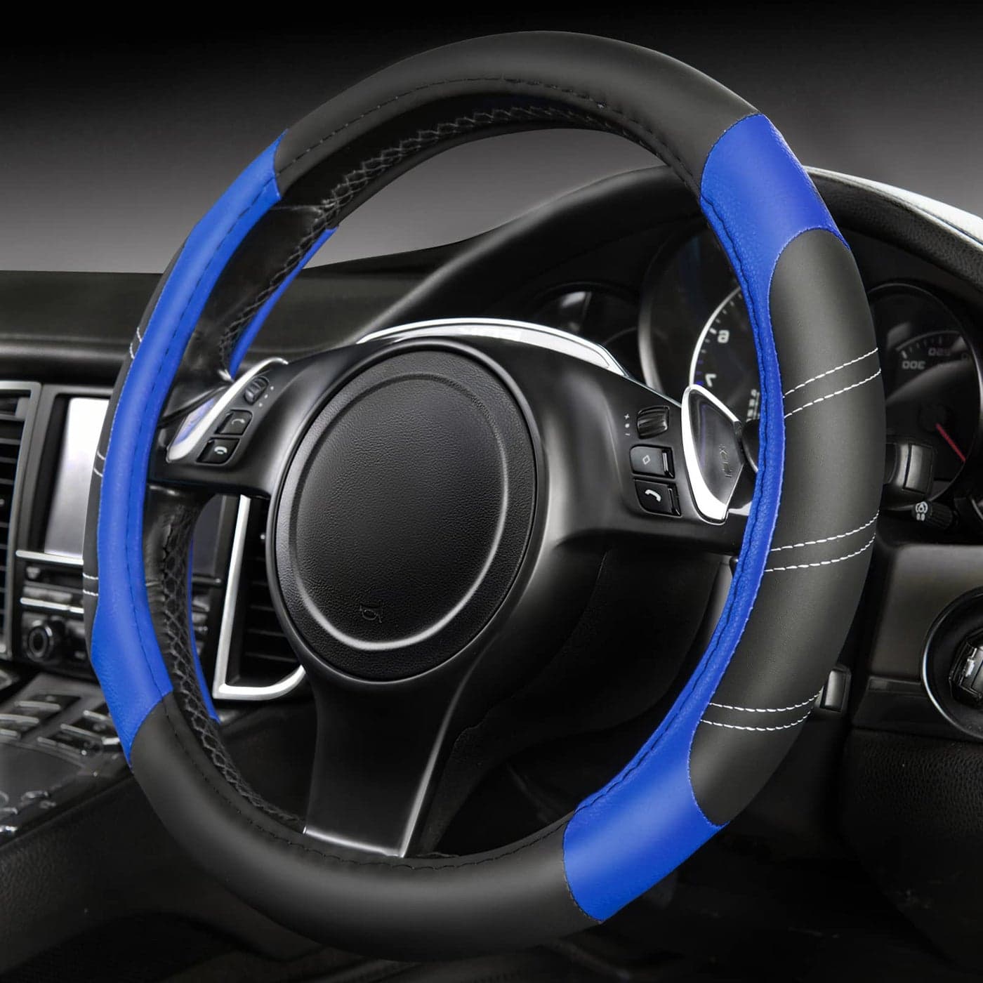 CAR PASS Line Rider Microfiber Leather Sporty Steering Wheel Cover Universal Fits for 95 TruckSUVCars14515inch AntiSlip Safety Comfortable Desgin BlackBlue