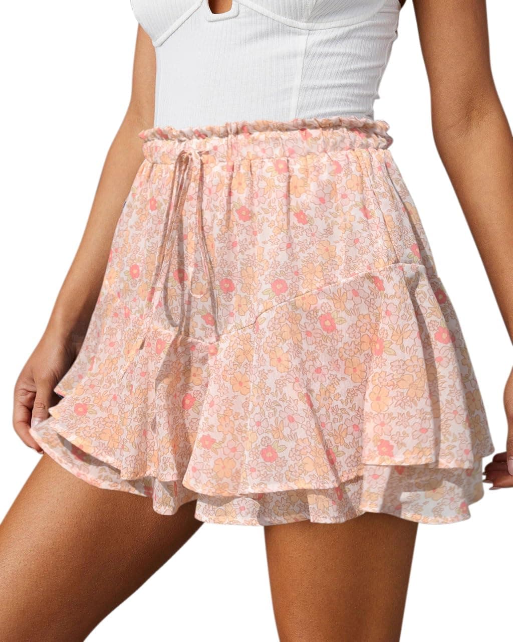 Aoudery Flowy Shorts for Women Casual Boho Floral Skorts Ruffle Mini Skirts Running Tennis Butterfly Chiffon Shorts- Floral Yellow M