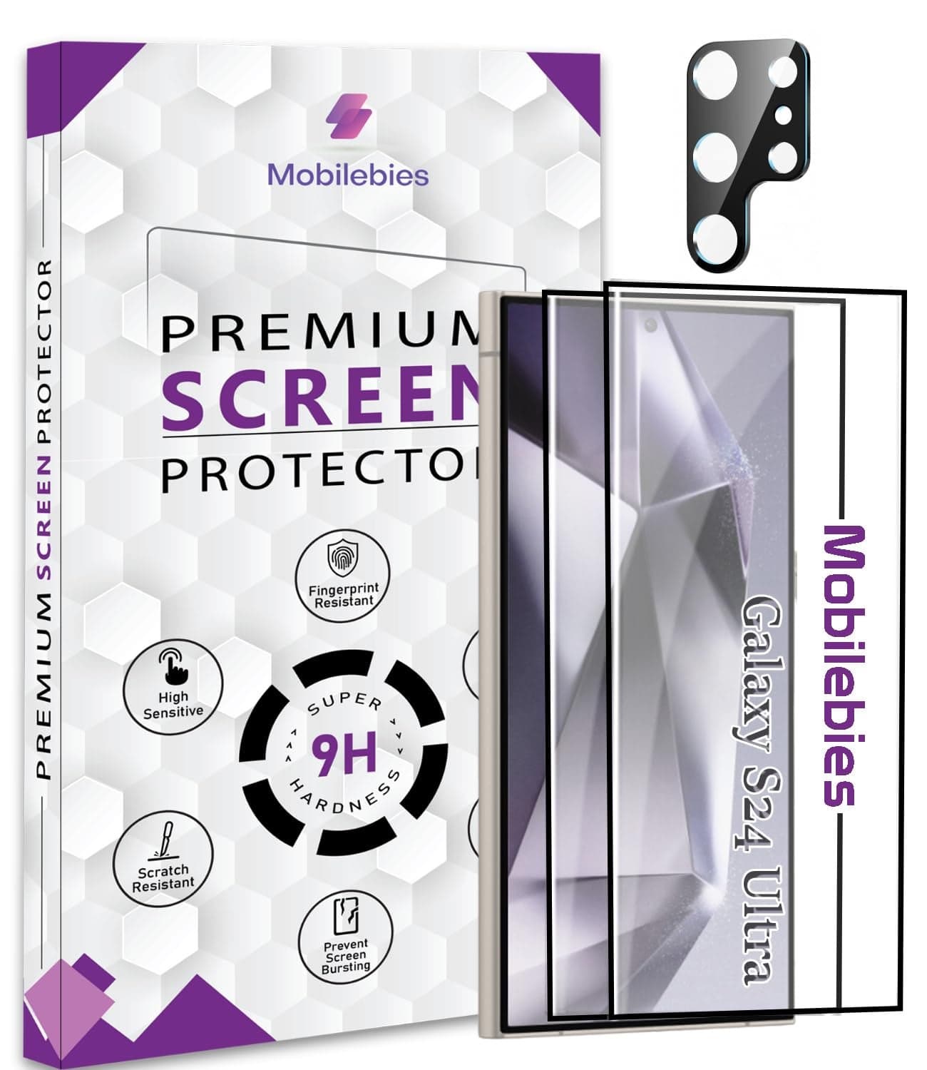 Mobilebies® 2+1 Pack for Samsung S24 Ultra Screen Protector Set, 2 Tempered-Glass Screen Protectors and 1 Set of Camera Lens Protectors Edge to Edge Coverage With Easy to installation kit