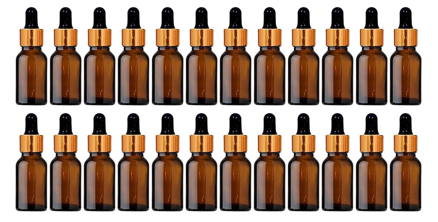 nsb herbals 15ml Amber Round Empty Glass Bottle Glass Dropper Gold Ring Silcon Teat Refillable Reusable Leak Proof for Essential Oils Blends DIY Perfumes Face Oil Pack of 24