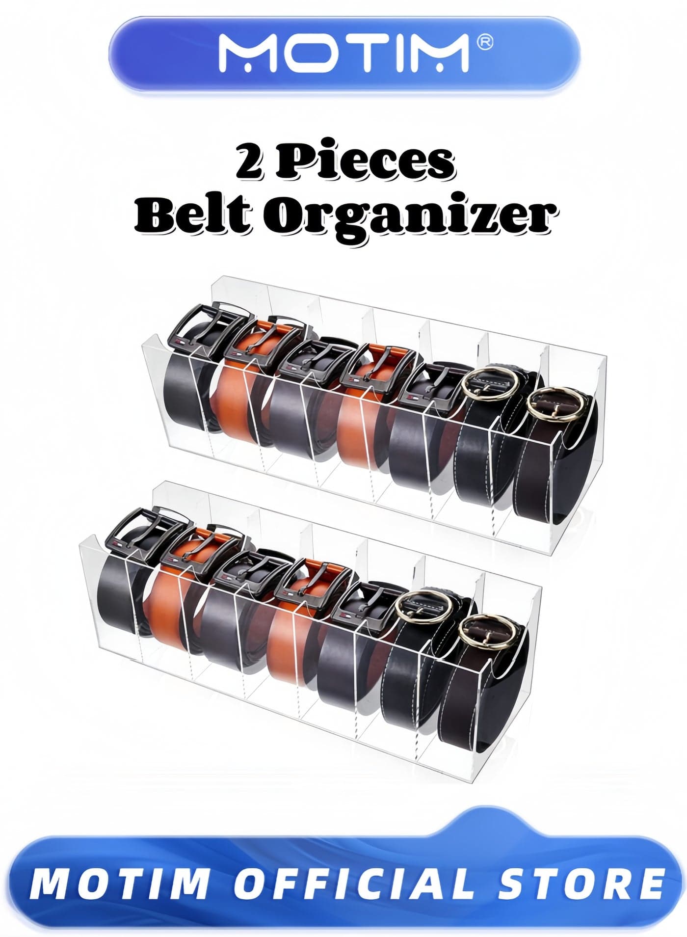 2 Pieces Belt Organizer Acrylic Belt Storage Holder 7 Compartments Display Case Belt Container Holder for Closet and Drawer