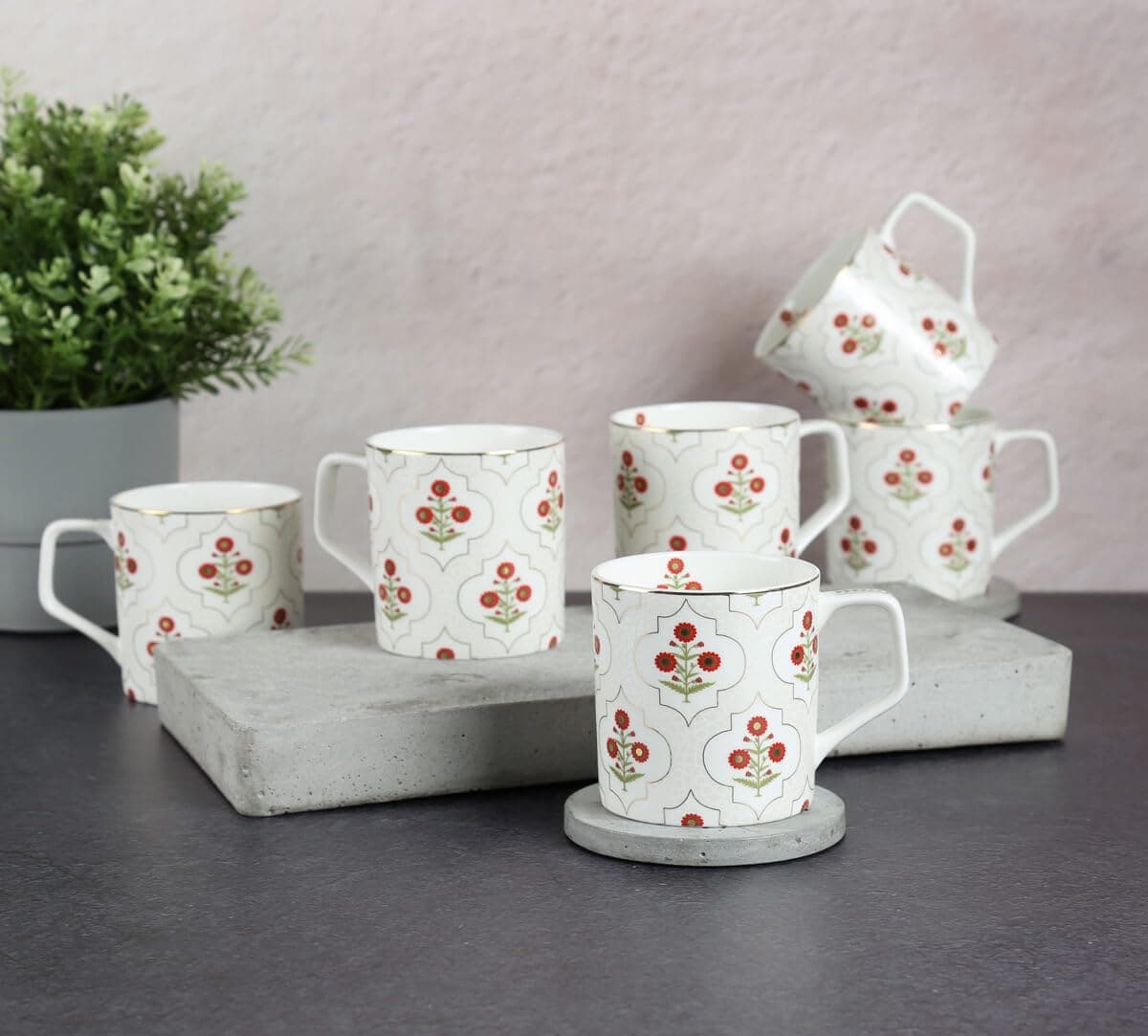 India Circus by Krsnaa Mehta Grey Poppy Flower Coffee Mug Design Tea Cups Set Microwave Safe to Gift to Best Friends 220 ml Set of 6