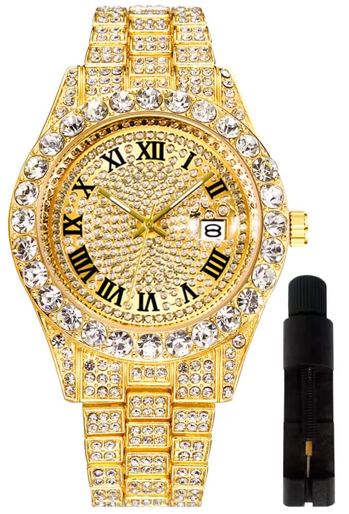 HUNRUY Hip Hop Watches for Men Iced-Out Bling Diamond Luxury Quartz Watches with Date (42mm Face Gold Diamond)