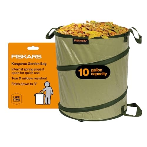 Fiskars Kangaroo Collapsible Garden Bag for Yard Waste 10 Gallon Reusable Container for Lawn Care and Gardening