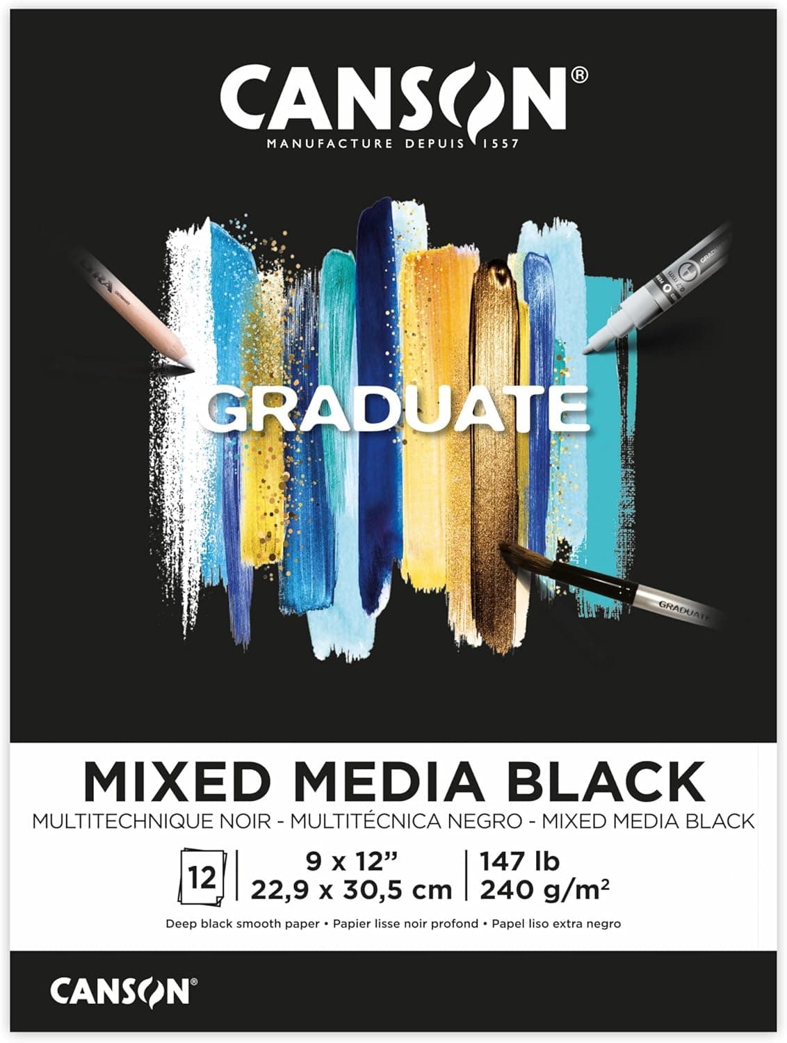 Canson Graduate Black Mixed Media Pad Foldover 9x12 inches 12 Sheets Artist Paper for Collage Watercolor Ink Pencil Marker