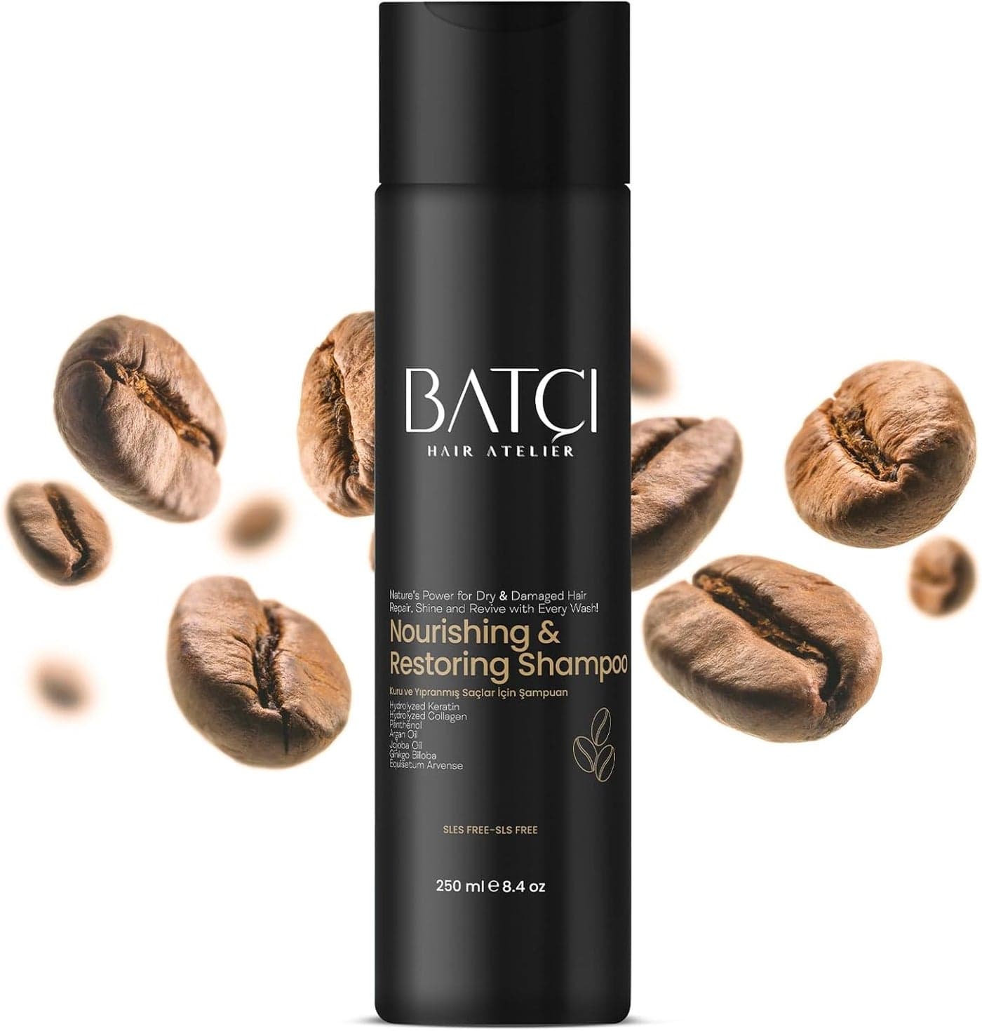 Batci Nourishing Restoring Shampoo with Keratin Collagen Coffee Deep Repair for Dry Damaged Hair SLESFree 250 ml