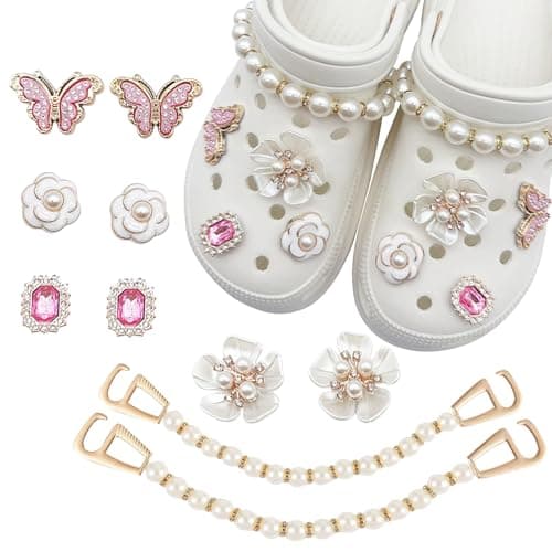 TecoKart® 10 PCS Cute Cro Charms for Girls – Flower Pearl & Diamond Shoe Charms, Bling Crystal Rhinestone Decoration for Clogs, Sandals, and Cro, Ideal for Party Favors & Birthday Gifts