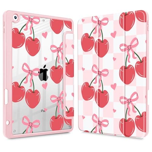 Mektron Printed Case for iPad 10.2 Inch, iPad 9th Gen 2021/8th Gen 2020/7th Gen 2019 Tablet Case, Buit in Pencil Holder with Shockproof Cover Clear Shell + Trifold Stand, Cherries Bows C353