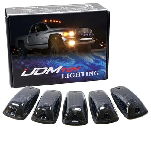 iJDMTOY Smoked Lens Amber LED Cab Roof Marker Running Lamps Compatible With Truck 4x4 SUV, 5-Piece Aerodynamic Low Profile Roof Running Light Set