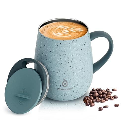 Ideus 16 oz Insulated Coffee Mug with Handle and Lid Double Wall Stainless Steel Vacuum Thermal Coffee Mug Travel Coffee Cup Thermal Cup for Home and Office Eggshell Blue