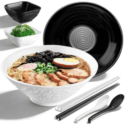 Kyraton Ramen Bowl Set 40oz with Chopsticks Dipping Bowls and Spoons: 2 large Unbreakable Japanese Style Plastic Noodle Soup Bowls for Asian Pho Soup Thai Miso Udon Wonton (Black, White)