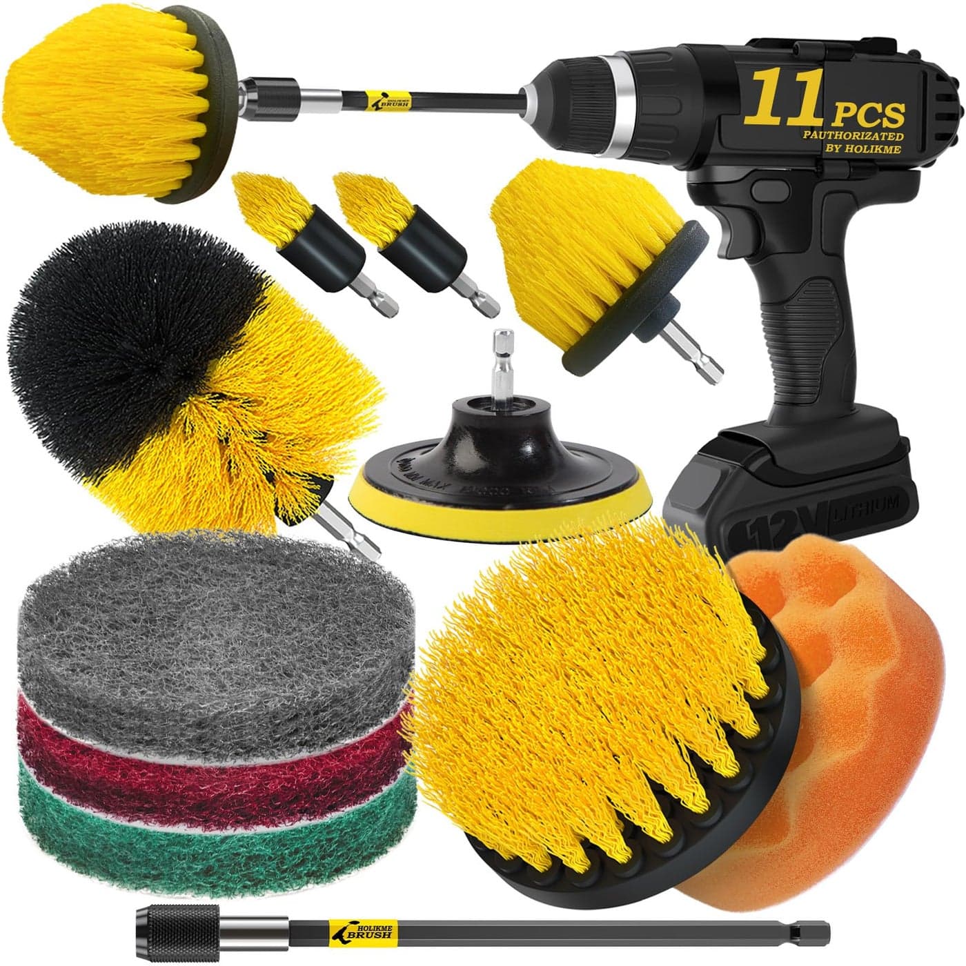 Holikme 11 Piece Drill Brush Attachment Set Scouring Pads Power Scrubber Brush Scrub Pads for Bathroom Surfaces Floor Tub Shower Grout Tile CornersCleaning Brush