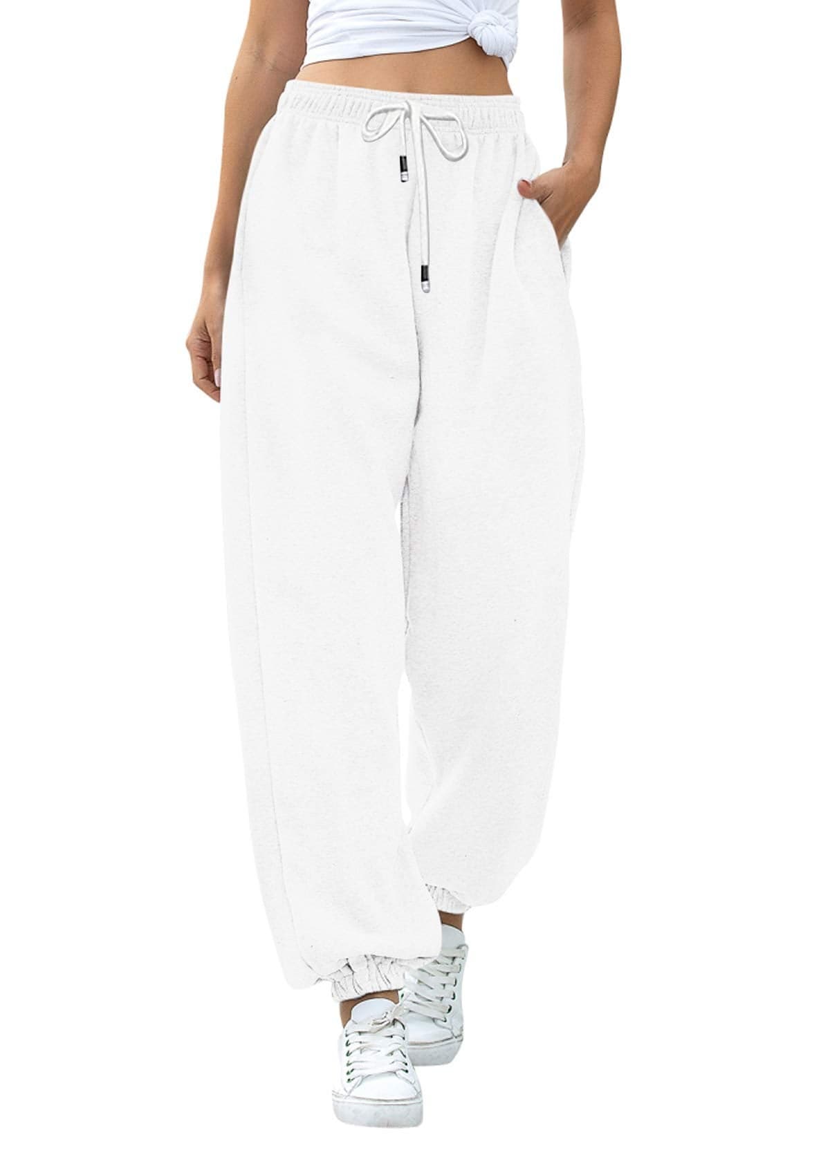 Womens Cinch Bottom Sweatpants Pockets High Waist Sporty Gym Athletic Fit Jogger Pants Lounge Trousers White S
