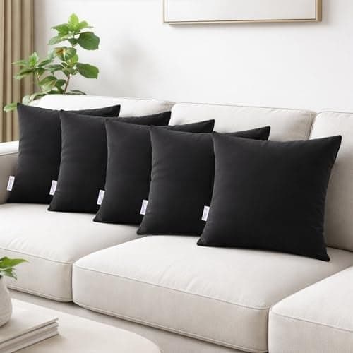 MY ARMOR Microfibre Cushion for Sofa | Set of 5 Soft & Fluffy Square Sofa Cushions | Decorative Sofa Pillows for Bed, Chair, Car & Living Room | Velvet Cover | Black | 16 x 16 Inch