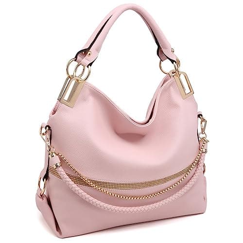 Dasein Women's Large Hobo Bag with Rhinestone Accents Vegan Leather Tote Purse Shoulder Handbag for Ladies (Pink)