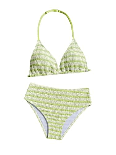 RoseSeek Girl's Tie Dye Smocked 2 Piece Swimwear Sets Backless Halter Bikini Cute Brief Bathing Suit Green Striped 12Y