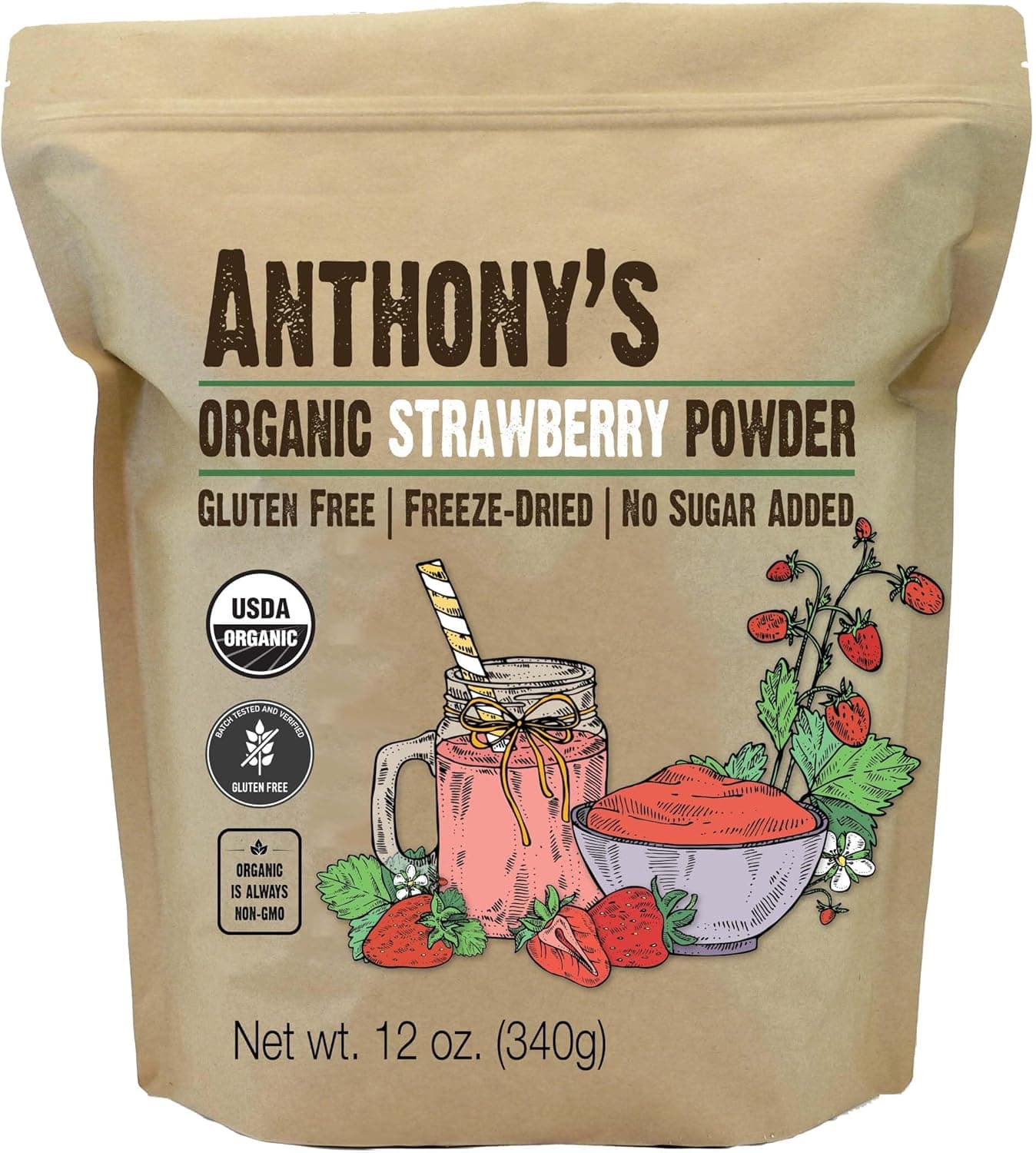 Anthony's Organic Strawberry Powder - 12 oz Freeze-Dried, Gluten Free, No Sugar Added, Non-GMO
