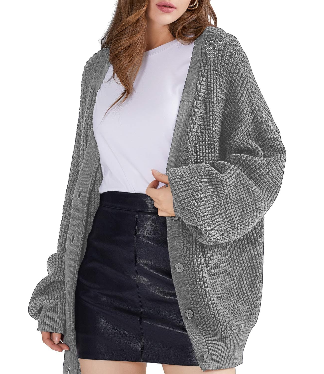 QUALFORT Women's Cardigan Sweaters for Women 100% Cotton Button-Down Long Sleeve Oversized Knit Coatigan Jackets Heathergrey XXX-Large
