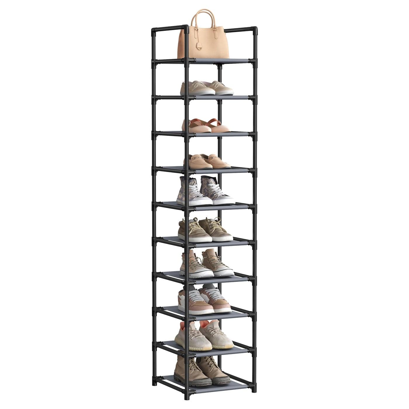 SONGMICS Shoe Rack 10 Tier Shoe Shelf Shoe Storage Organizer SpaceSaving 13 x 13 x 681 Inches Metal Frame NonWoven Fabric Shelves for Entryway Bedroom Grey ULSR110G01