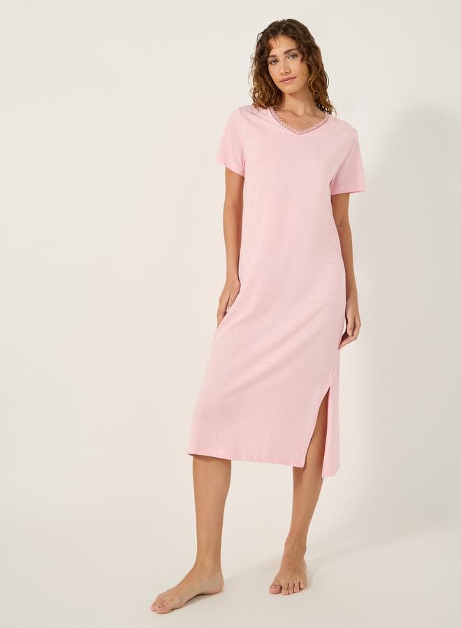 Lace Trim V Neck Side Slit Nightdress - Midi