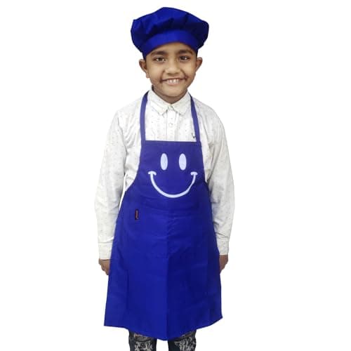 Switchon Polyester Waterproof Adjustable Kids Multi purpose Cooking Apron with a chef cap School Apron - for 2.6 years to 6.5 years Proudly made in india (Blue)