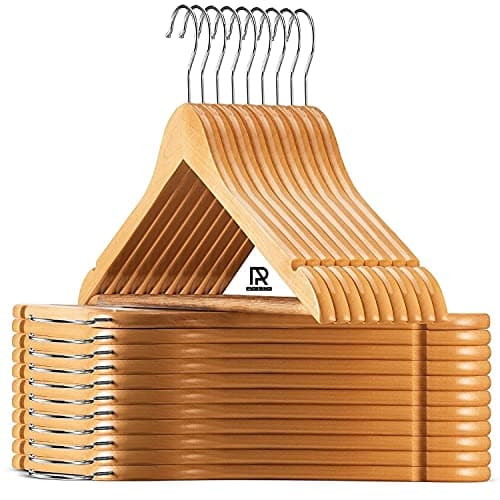 Ash & Roh® - Beige Wood Smooth Finish, 360 Degree Swivel Hook Non-Slip and Precisely Cut Notches Hangers for Coats, Jacket, Pants, and Dress Clothes (Pack of 10)