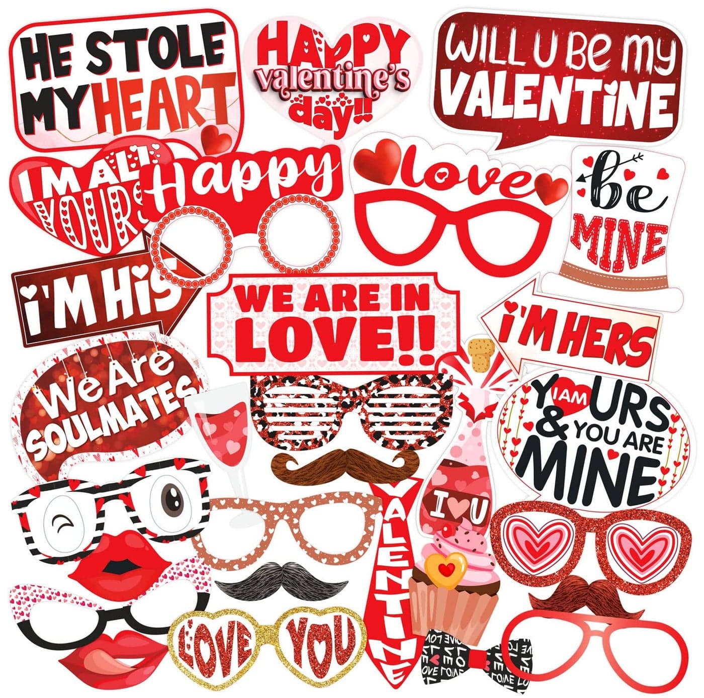 Wobbox Valentine Party Photo Booth Props for Couples, Happy Valentine Props for Photoshoot, Valentine Party Decoration, Valentine Day Party Decorations Items (Red & White - 29 Pcs)