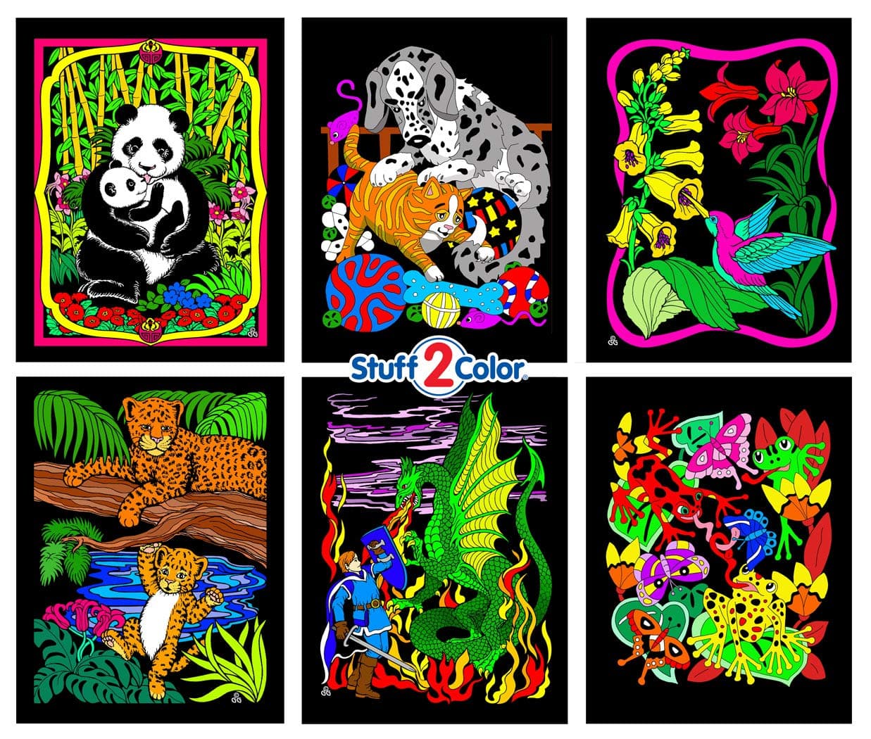 Stuff2Color Panda, Kitten, Dragon and Knight, Leopards, Humming Bird, Frog - 6 Pack of Fuzzy Velvet Coloring Posters (Arts and Crafts Fun for All Ages)