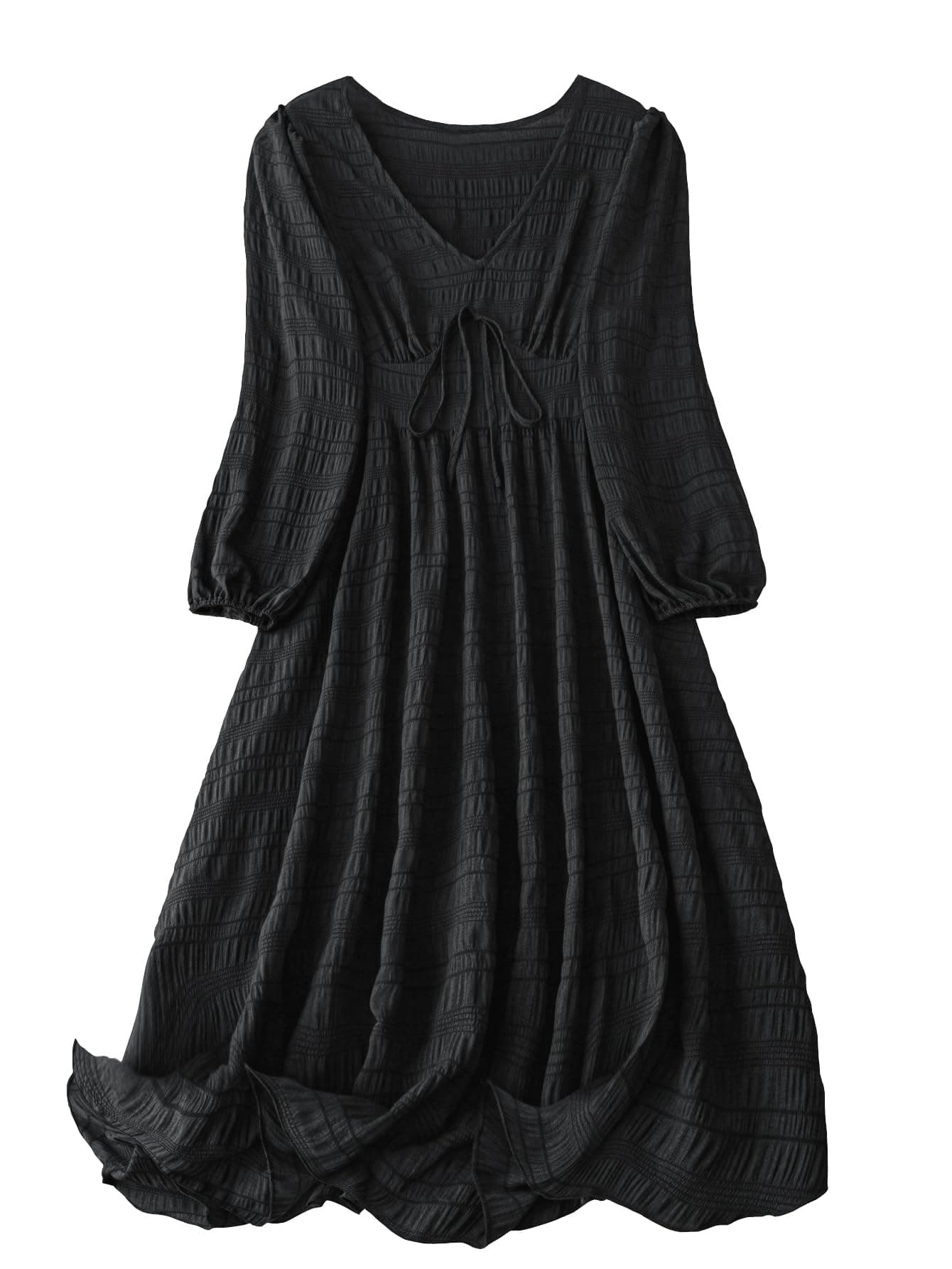 Shasmi Women's & Girl's Black Dress for Women Midi, One Piece Dress for Women's Casual Dress, Solid Textured Lantern Sleeve Tie Front V Neck Midi Dress (Dress 123 Black-M)