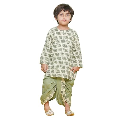 AJ DEZINES Kids Animal Print Pure Cotton Green Dhoti Kurta Set For Boys (1923-GREEN-3)
