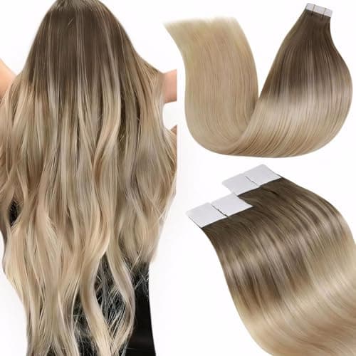 LaaVoo Tape in Hair Extensions Human Hair Ombre Light Brown to Ash Blonde Mix Platinum Blonde Balayage Hair Extensions Tape in 16 Inch 20pcs50g