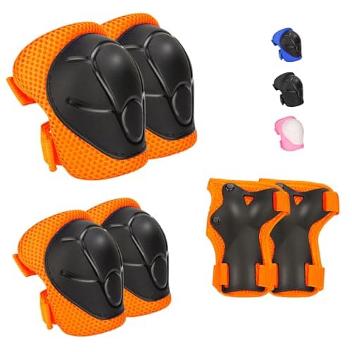 Kids Protective Gear Set Knee Pads Elbow Pads with Wrist Guards for Ages 312 3in1 Safety Protective Gear for Skating Cycling Biking Roller Skates Scooters Orange S37Years