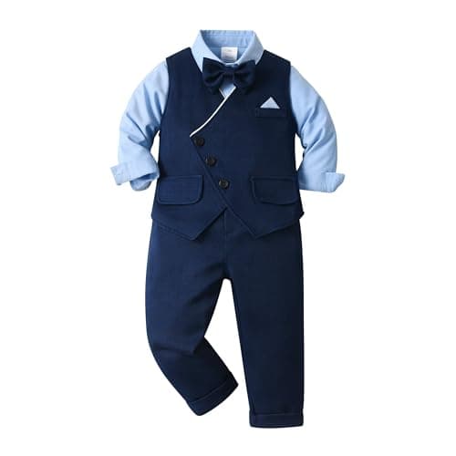 Volunboy Baby Boys Gentleman Wedding Guest Suit Blue Formal Outfit Toddler Ring Bearer Birthday Dress Shirt Bowtie Pants Set Deepblue 1824 Months