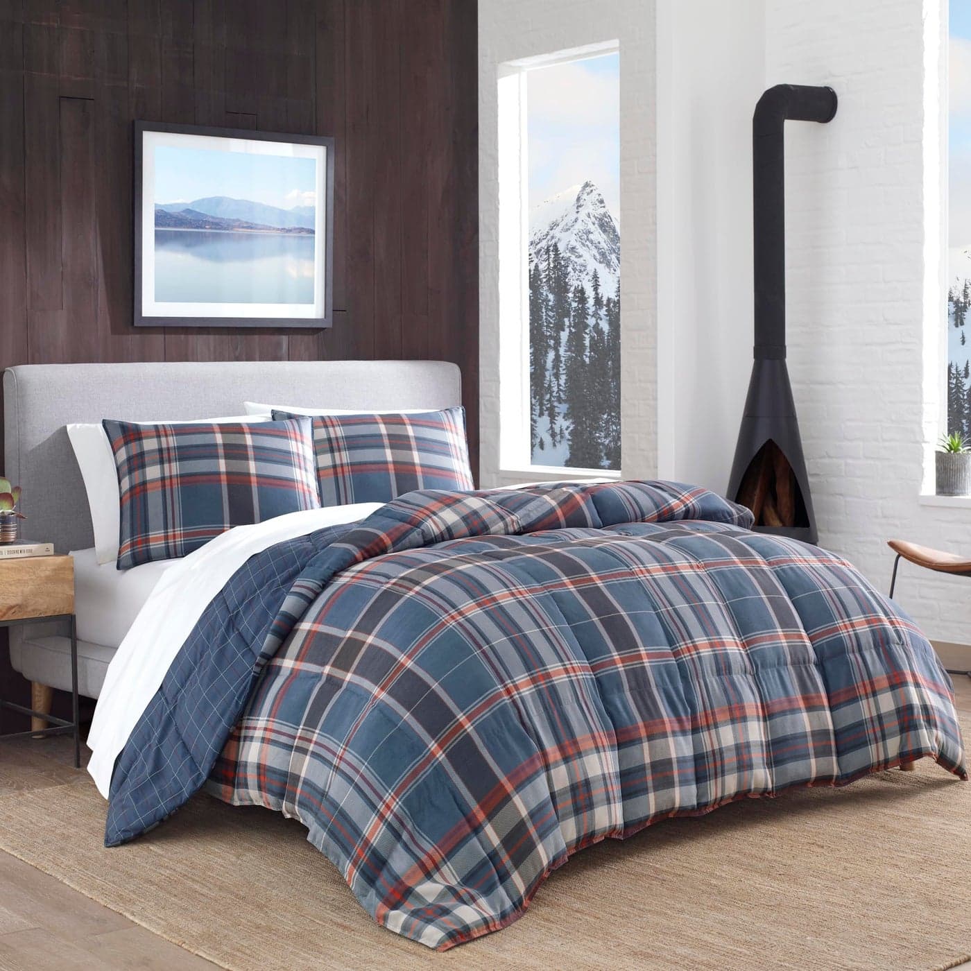 Eddie Bauer Queen Comforter Set Reversible Down Alt Bedding with Matching Shams Home Decor for Colder Months Shasta Lake Navy Queen