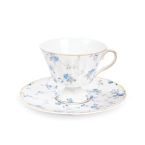 fanquare White Tea Cup and Saucer, Vintage Blue Floral Print Tea Cups for Women Gift, Retro Bar Coffee Mug for Cappuccino Latte, 5oz