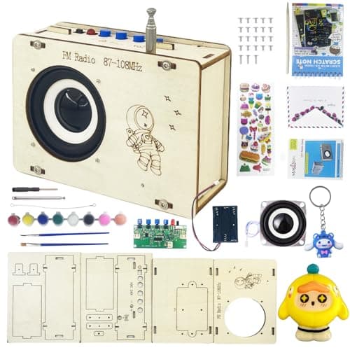 DIY Radio Kit Wooden FM 87108MHz Science Kits for Age 812 1214 STEM Kits for Age 810 Gifts for Teen Girls Boys 9 11 13 15 16 with Paint Brush Painting Book Stickers Pendant Squeeze Toy
