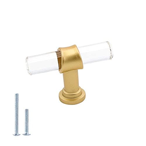 goldenwarm 5 Pack Crystal Drawer Knobs Gold Cabinet Knobs Single Hole T Bar Lucite Acrylic Kitchen Hardware for Kitchen Cupboard Bathroom
