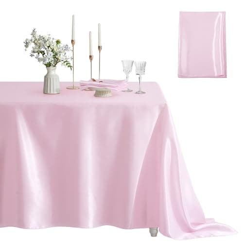 Counfeisly 1 Pack Satin Table Cover Rectangle Silkly Soft Table Cloth, Satin Dining Table Cloths for Wedding Banquet Table Decoration, Dining Room, Indoor and Outdoor Use, 60 x 102 Inches, Pink
