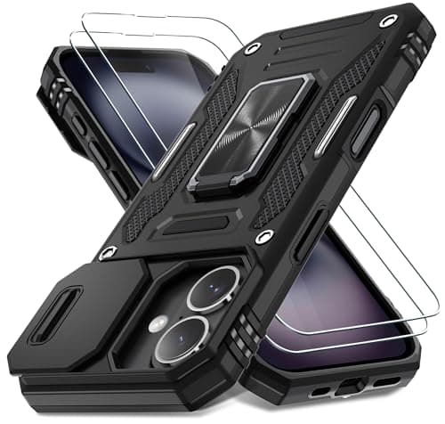 DEERLAMN Case for iPhone 16 with Slide Camera Cover+Screen Protector (2 Packs), Rotated Ring Kickstand Military Grade Shockproof Protective Cover-Black
