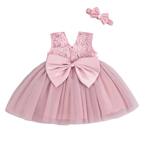 DPKM Lace Flower Baby Girl Dress with Big Bowknot Toddler Tulle Tutu for Formal Birthday Party