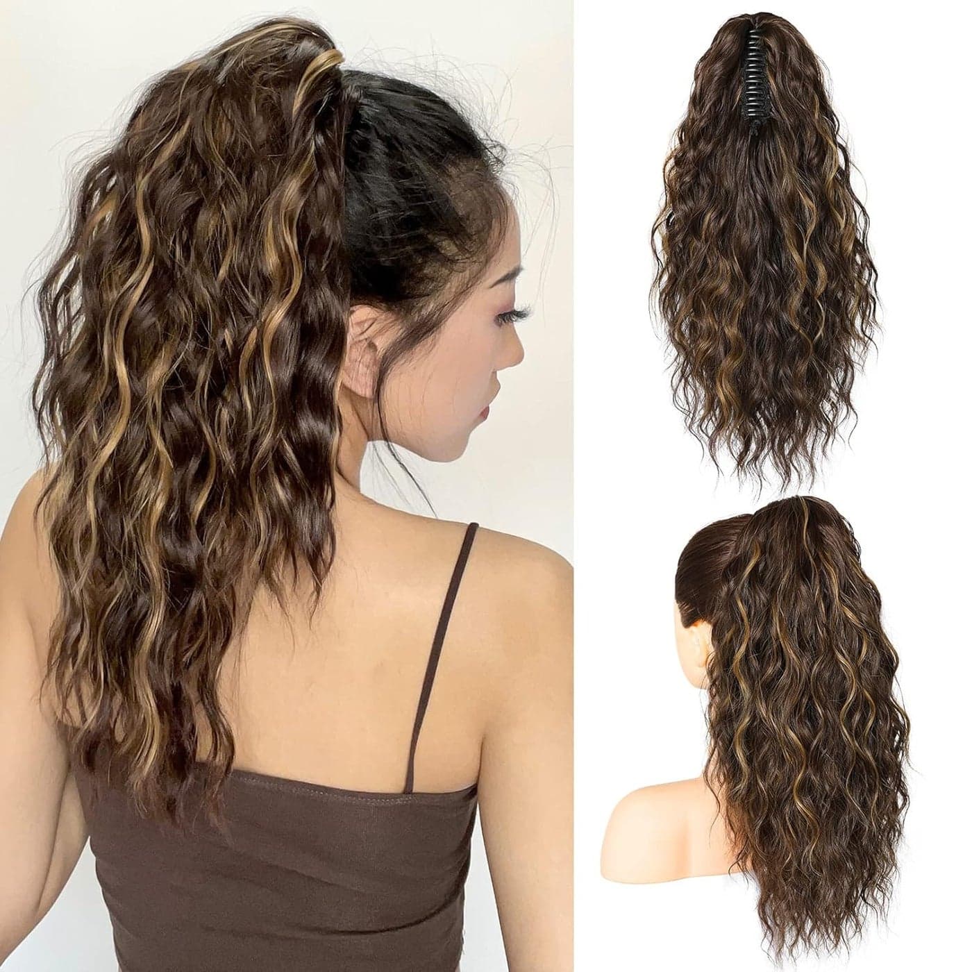 SEIKEA 18 Highlight Ponytail Extension PT002 Tia Claw Long Multi Layered Fluffy Thick Wavy Jaw Clip in Fake Pony Tails Fake Hair Soft Natural Hairpiece Chocolate Brown Caramel Blonde Highlights