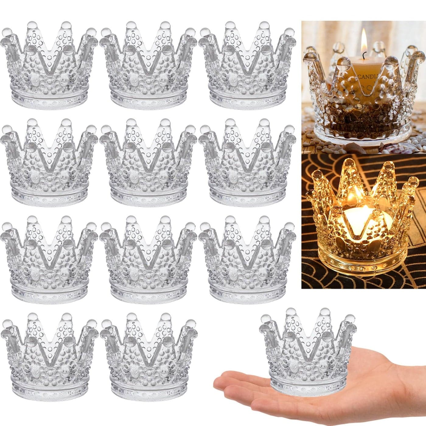 GOLDEAL 24 Pcs Clear Crown Glass Tealight Candle HoldersVotive Candle Holders BulkCandlestick for WeddingPartyDinner Home Table Decorative