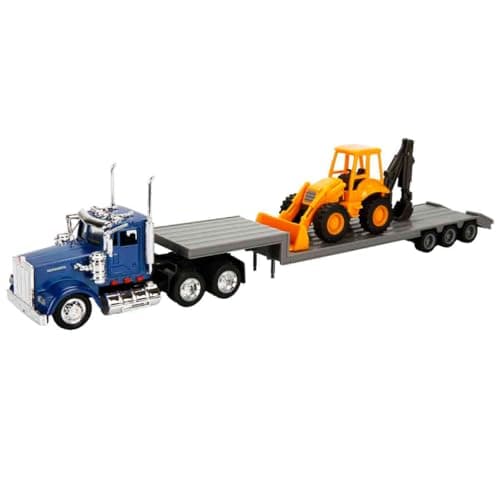 Newray 143 Trailer Kenworth W900 with Backhoe Loader 143 Scale Replica