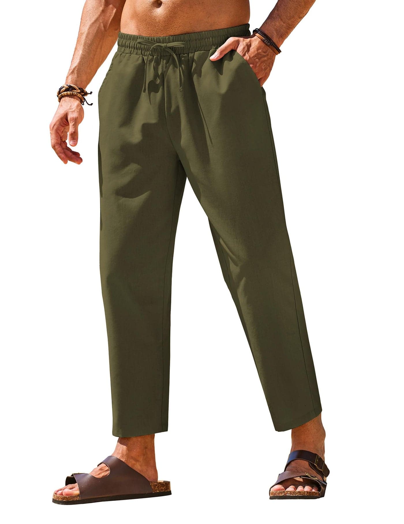 COOFANDY Casual Pants for Men Straight-Legs Slim Fit Linen Pants Lightweight Yoga Summer Beach Pants Army Green