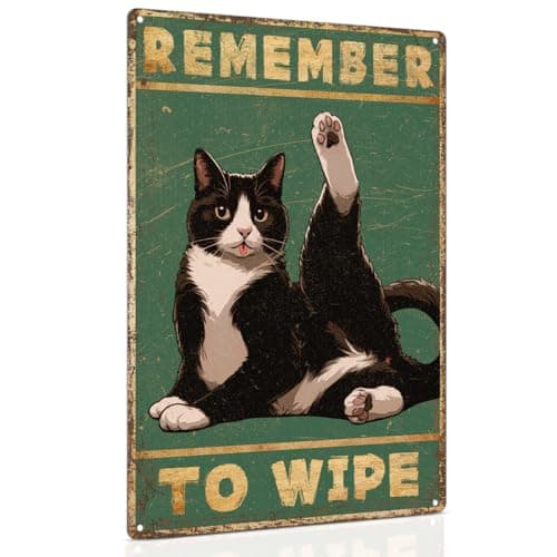 ALKB Bathroom Tuxedo Cat Sign - Remember to Wipe - Cat Lover Gift 8x12 Inch Vintage Metal Sign for Bathroom Decorations