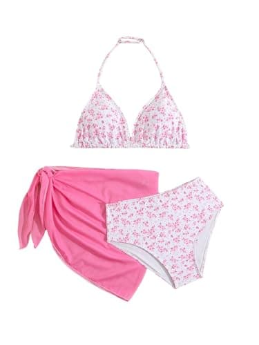 Milumia Girl's 3 Piece Bikni Set Ditsy Floral Halter Swimsuit with Cover Up Skirts Hot Pink 8 Years
