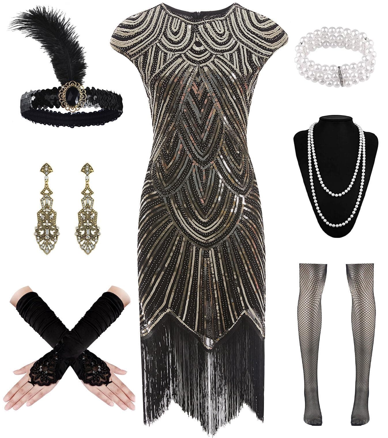 WILDPARTY 1920s Women Flapper Dresses Sequin Dresses Vintage Lace Fringed Cocktail Dress with 20s Accessories SetBlackGold L
