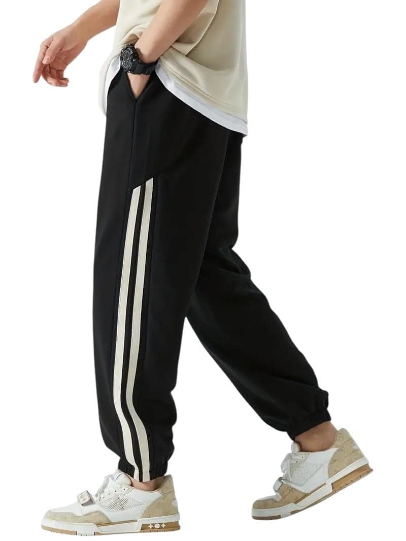 Q - RIOUS Men's Sweatpants with Dual White Side Stripes – Stylish Gym & Casual Joggers with Elasticated Waistband (Black_30)